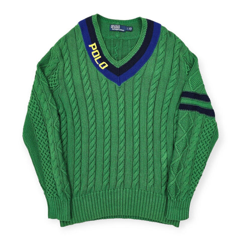 Polo Ralph Lauren Spellout Cable Knitted Cricket Jumper Green Men's Large