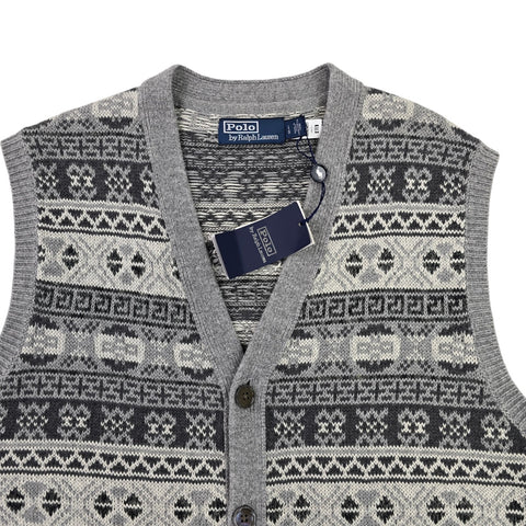 Polo Ralph Lauren Fair Isle Knit Cardigan Vest Jumper Grey Men's Large