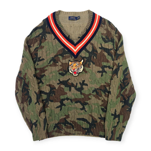 Polo Ralph Lauren Tiger Cable Knit Camouflage Cricket Jumper Men's XL