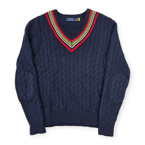 Polo Ralph Lauren Spellout Cable Knit Cricket Jumper Blue Men's Small