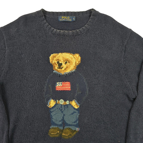 Polo Ralph Lauren Y2K USA Flag Bear Knitted Jumper Blue Men's Large