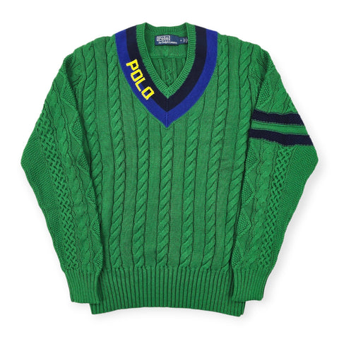 Polo Ralph Lauren Spellout Cable Knit Cricket Jumper Green Men's Medium