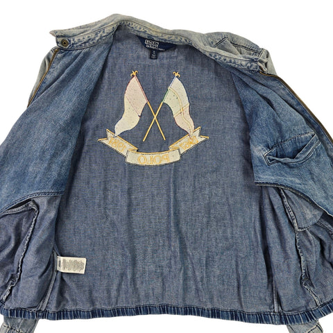 Polo Ralph Lauren Cross Flags Spellout Denim Bomber Jacket Blue Men's XL