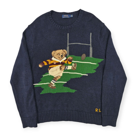 Polo Ralph Lauren Rugby Kicker Bear Knitted Jumper Blue Men's Large
