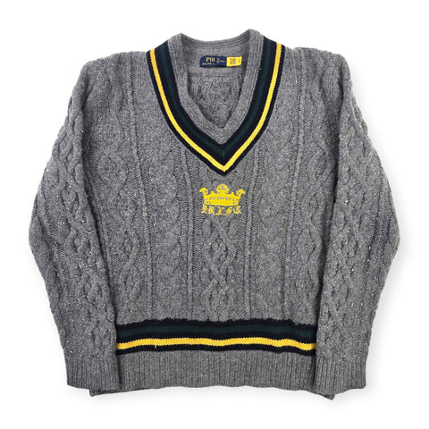 Polo Ralph Lauren Cable Knit Spellout Cricket Jumper Grey Men's Large