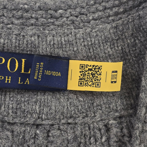 Polo Ralph Lauren Cable Knit Spellout Cricket Jumper Grey Men's Large