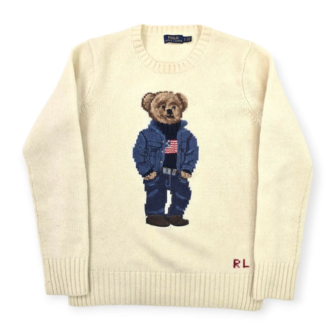 Polo Ralph Lauren USA Flag Bear Knitted Jumper Cream Women's Small