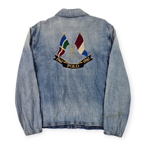 Polo Ralph Lauren Cross Flags Spellout Denim Bomber Jacket Blue Men's XL