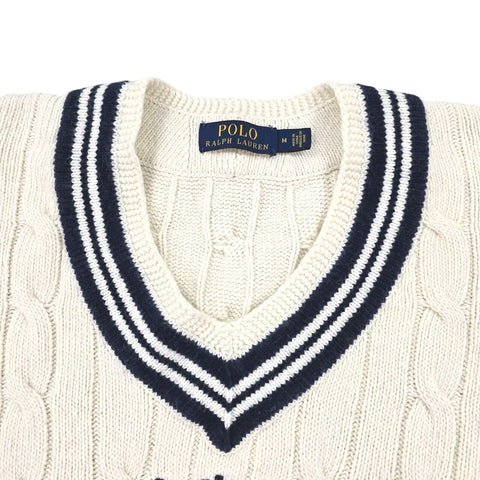 Polo Ralph Lauren Spellout Cable Knit Cricket Jumper White Men's Medium