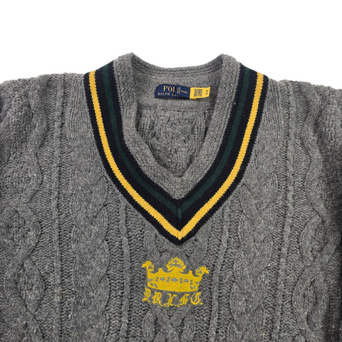 Polo Ralph Lauren Cable Knit Spellout Cricket Jumper Grey Men's Large