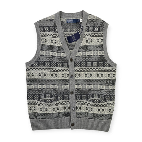 Polo Ralph Lauren Fair Isle Knit Cardigan Vest Jumper Grey Men's Large
