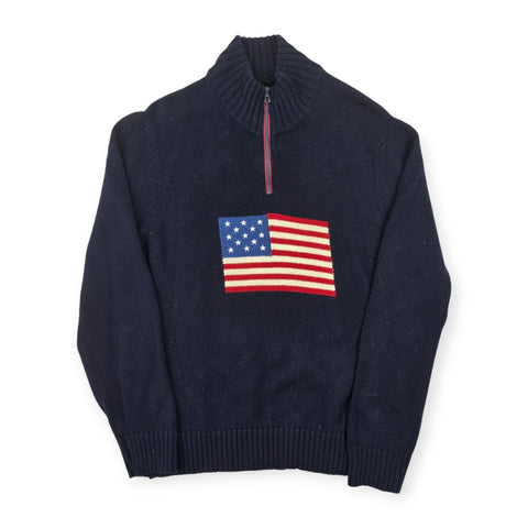 Polo Ralph Lauren 1/4 Zip USA Flag Knitted Jumper Blue Men's XXL