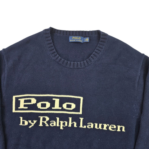 Polo Ralph Lauren Spellout Logo Knitted Jumper Blue Men's Large
