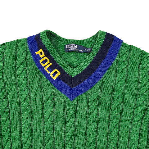 Polo Ralph Lauren Spellout Cable Knit Cricket Jumper Green Men's Medium