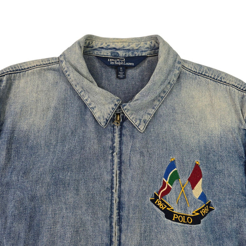 Polo Ralph Lauren Cross Flags Spellout Denim Bomber Jacket Blue Men's XL