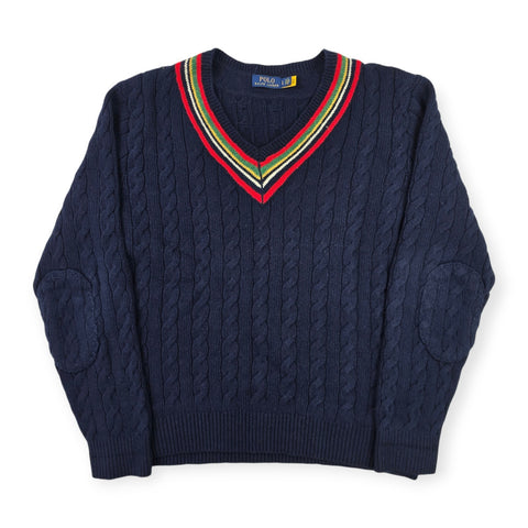 Polo Ralph Lauren Spellout Cable Knit Cricket Jumper Blue Men's Large