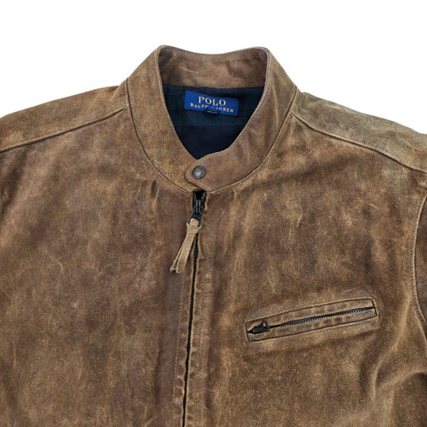 Polo Ralph Lauren Suede Cafe Racer Bomber Jacket Brown Men's XL
