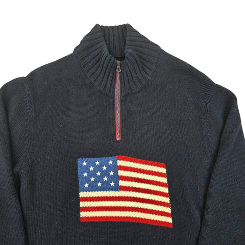 Polo Ralph Lauren 1/4 Zip USA Flag Knitted Jumper Blue Men's XXL