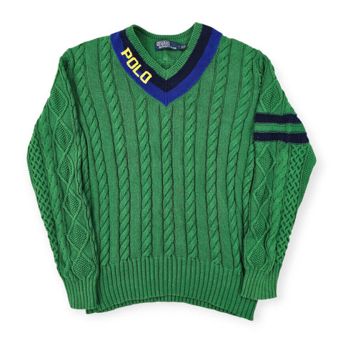 Polo Ralph Lauren Spellout Cable Knit Cricket Jumper Green Men's Medium