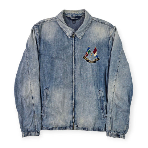 Polo Ralph Lauren Cross Flags Spellout Denim Bomber Jacket Blue Men's XL