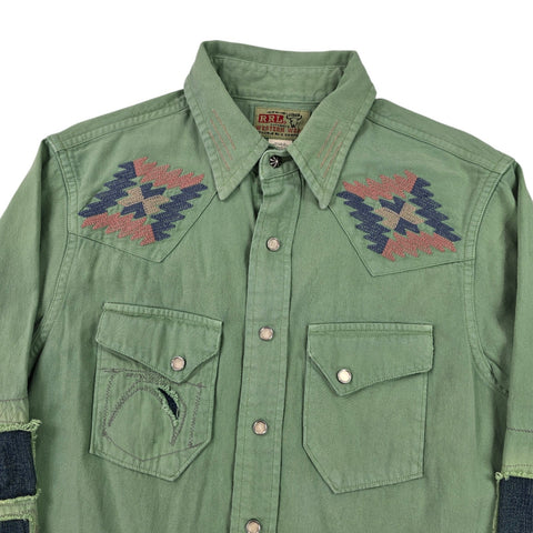 RRL Ralph Lauren Western Aztec Snap Pearl Shirt Green Men's Small