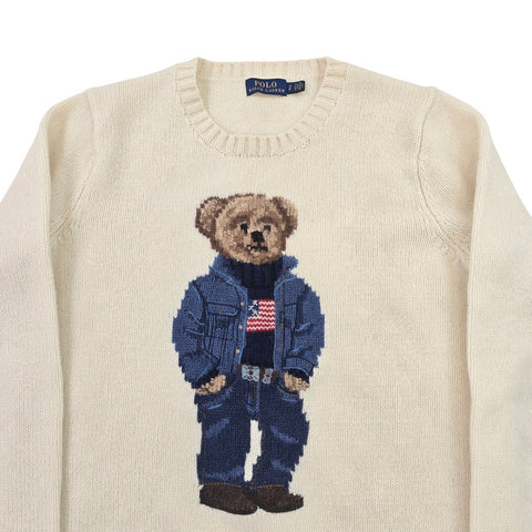Polo Ralph Lauren USA Flag Bear Knitted Jumper Cream Women's Small