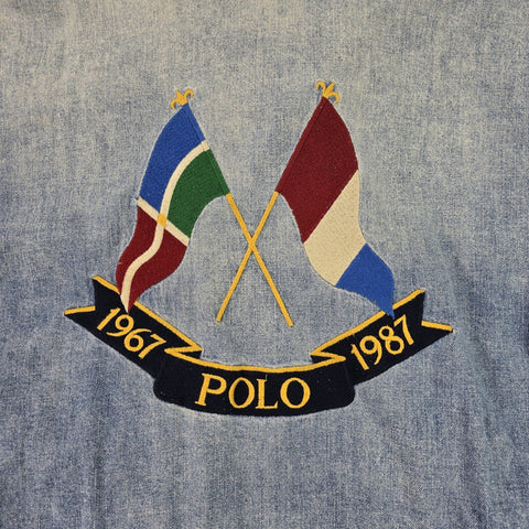 Polo Ralph Lauren Cross Flags Spellout Denim Bomber Jacket Blue Men's XL