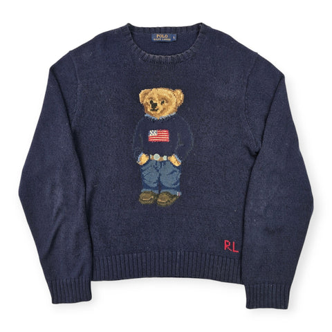 Polo Ralph Lauren Y2K USA Flag Bear Knitted Jumper Blue Men's Large
