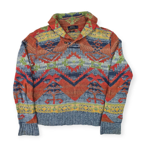 Polo Ralph Lauren Y2K Aztec Southwestern Shawl Knitted Jumper Men's Large