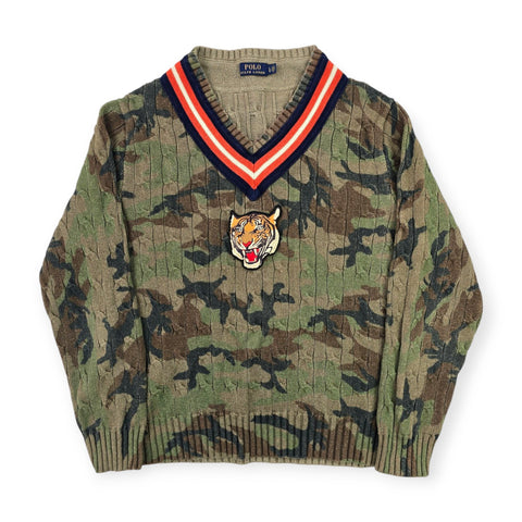 Polo Ralph Lauren Tiger Cable Knit Camouflage Cricket Jumper Men's Large