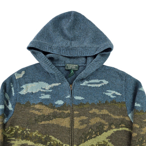 Lauren Ralph Lauren Rare Dog Scene Hooded Knitted Cardigan Women's Small