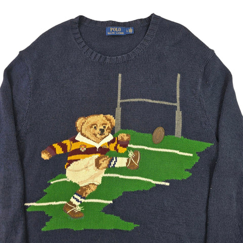 Polo Ralph Lauren Rugby Kicker Bear Knitted Jumper Blue Men's Large