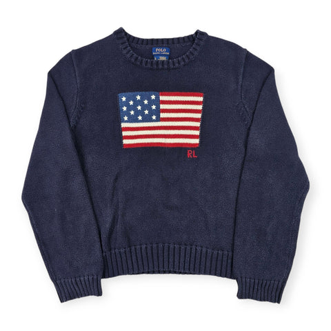 Polo Ralph Lauren USA Flag Spellout Knitted Jumper Blue Women's XL