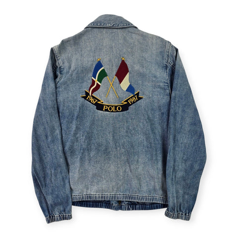 Polo Ralph Lauren Cross Flags Spellout Denim Bomber Jacket Blue Men's Small