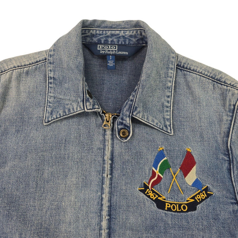 Polo Ralph Lauren Cross Flags Spellout Denim Bomber Jacket Blue Men's Small