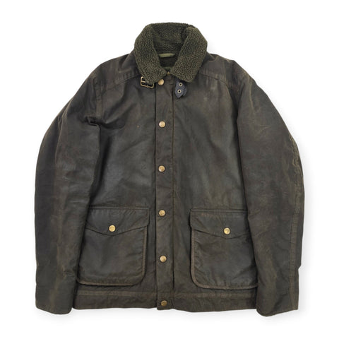 Barbour Catrick Great Coat Waxed Bomber Shearling Jacket Brown Men's Medium