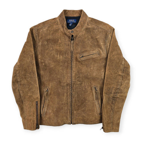 Polo Ralph Lauren Suede Cafe Racer Bomber Jacket Brown Men's Large