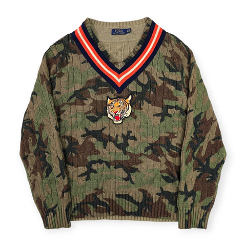 Polo Ralph Lauren Tiger Cable Knit Camouflage Cricket Jumper Men's Large