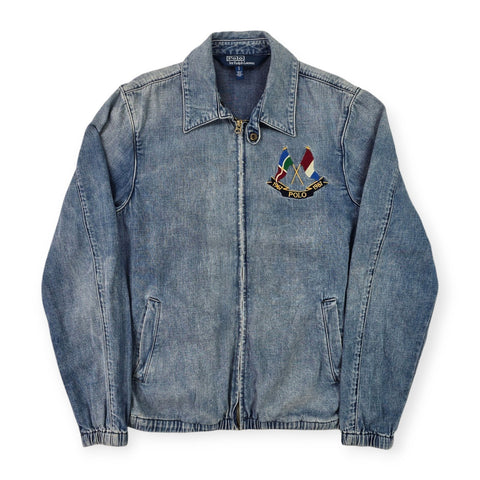 Polo Ralph Lauren Cross Flags Spellout Denim Bomber Jacket Blue Men's Small