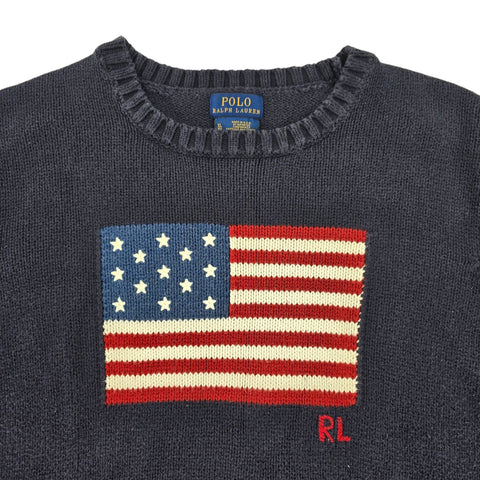 Polo Ralph Lauren USA Flag Spellout Knitted Jumper Blue Women's XL