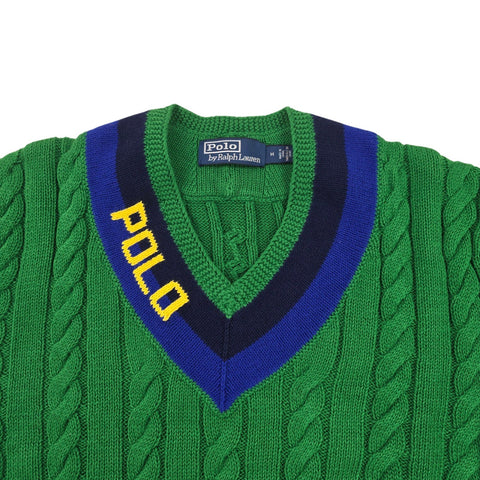 Polo Ralph Lauren Spellout Cable Knit Cricket Jumper Green Men's Medium